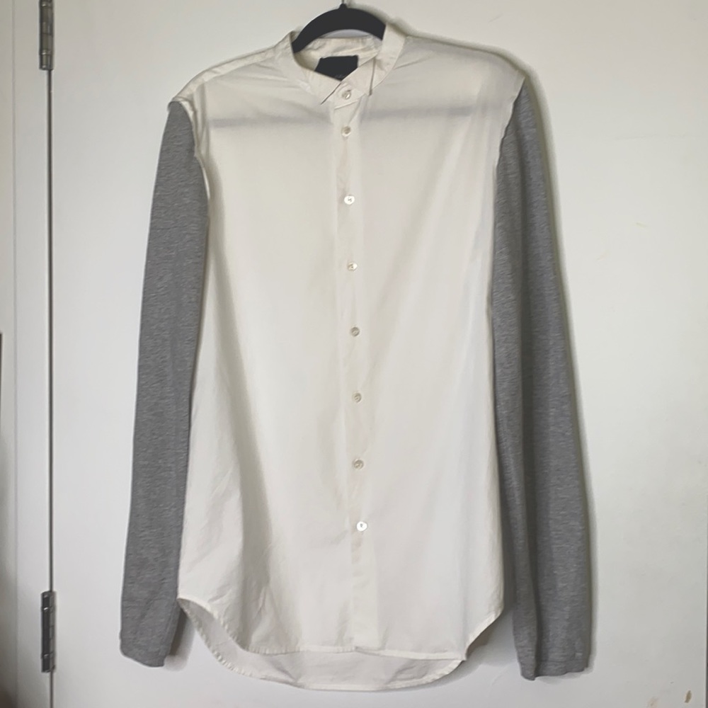 Philipp Plein White Button Up Mandarin jersey Grey sleeve Shirt